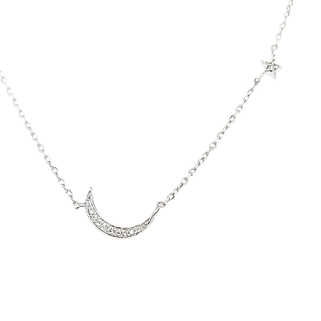 White Gold Moon & Star Necklace (I7476)