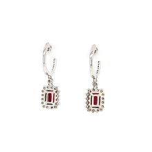 Load image into Gallery viewer, 18k White Gold Ruby &amp; Diamond Halo Dangle Hoop Earrings
