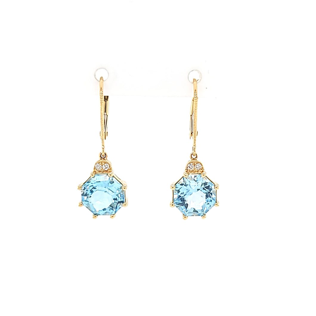 18k Yellow Gold Blue Topaz Dangle Earrings (I7159)