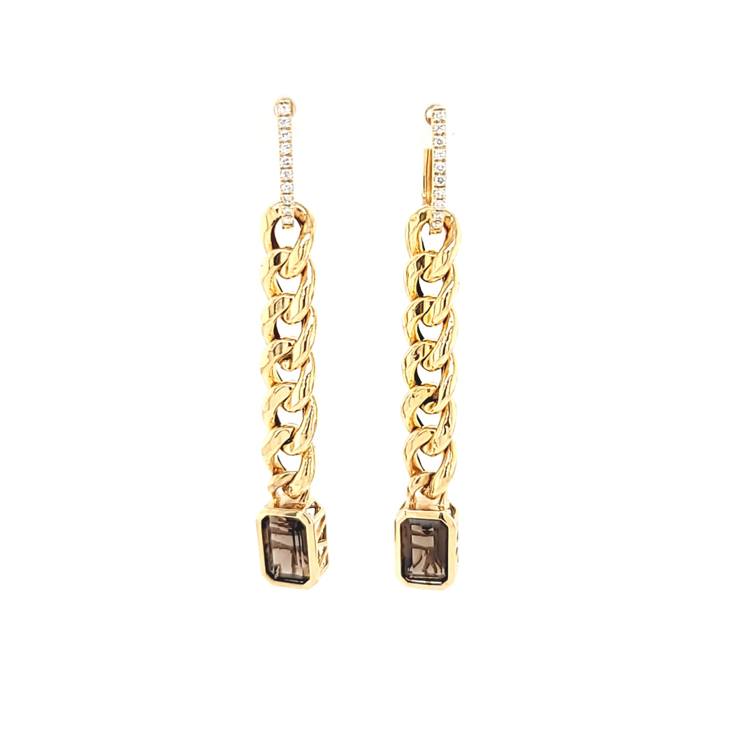 Yellow Gold Smokey Quartz Chain Dangle Earrings (I7537)