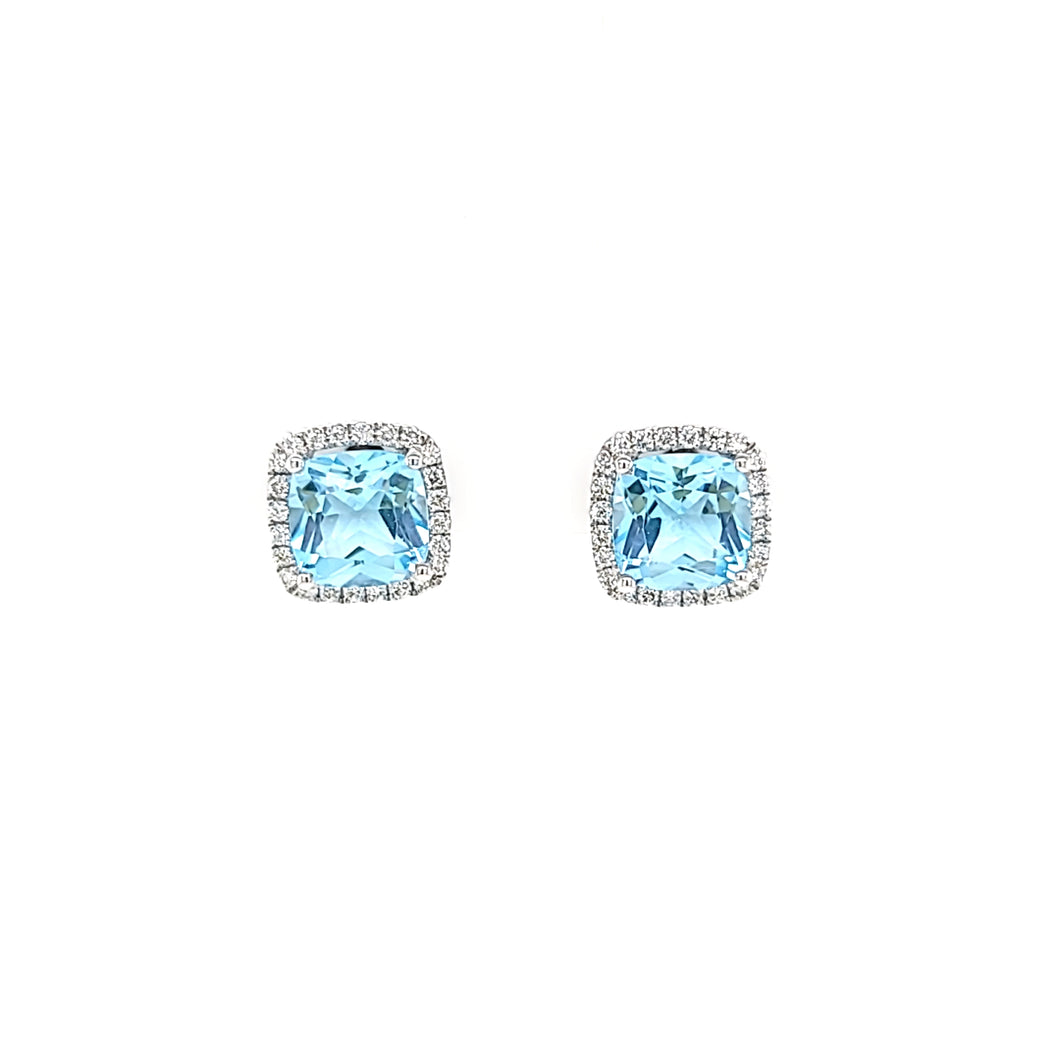 18k White Gold Blue Topaz & Diamond Halo Stud Earrings (I6671)