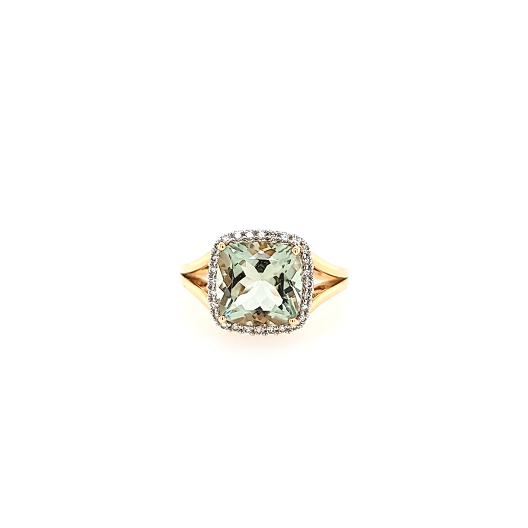 14k Yellow Gold Green Amethyst & Diamond Ring (I6818)