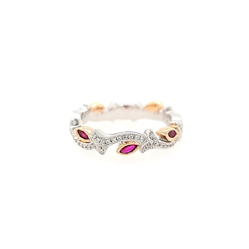 CLEARANCE - 14k White & Rose Gold Ruby & Diamond Vine Ring (I2876)