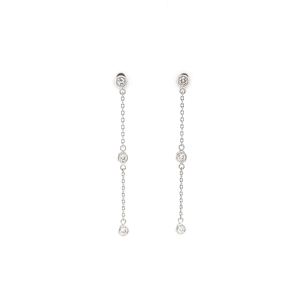 14k White Gold Diamond Bezel Chain Dangle Earrings (I5832)