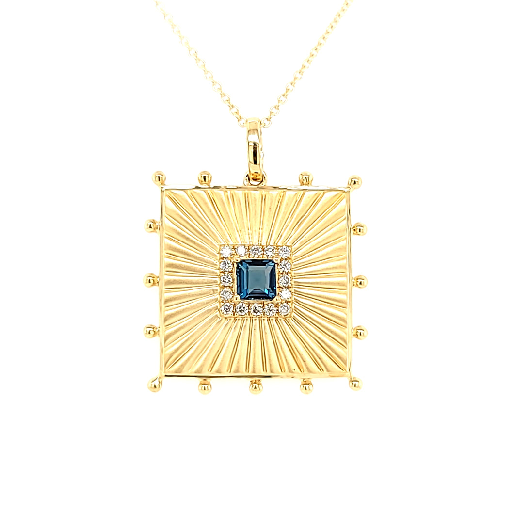 18k Yellow Gold London Blue Topaz Medallion Necklace (I7730)