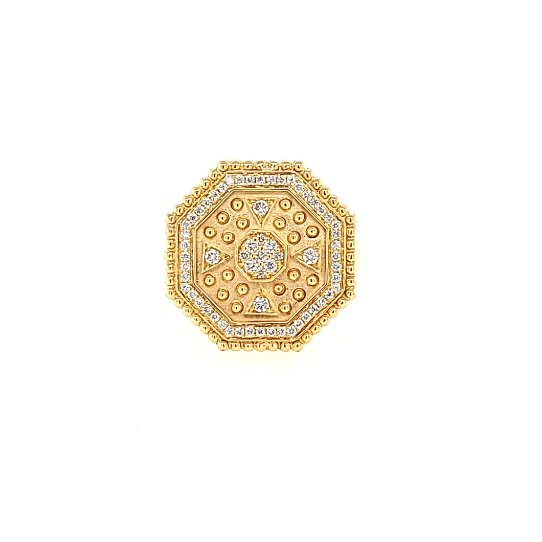 Yellow Gold Diamond Textured Octagon Ring (I7702)