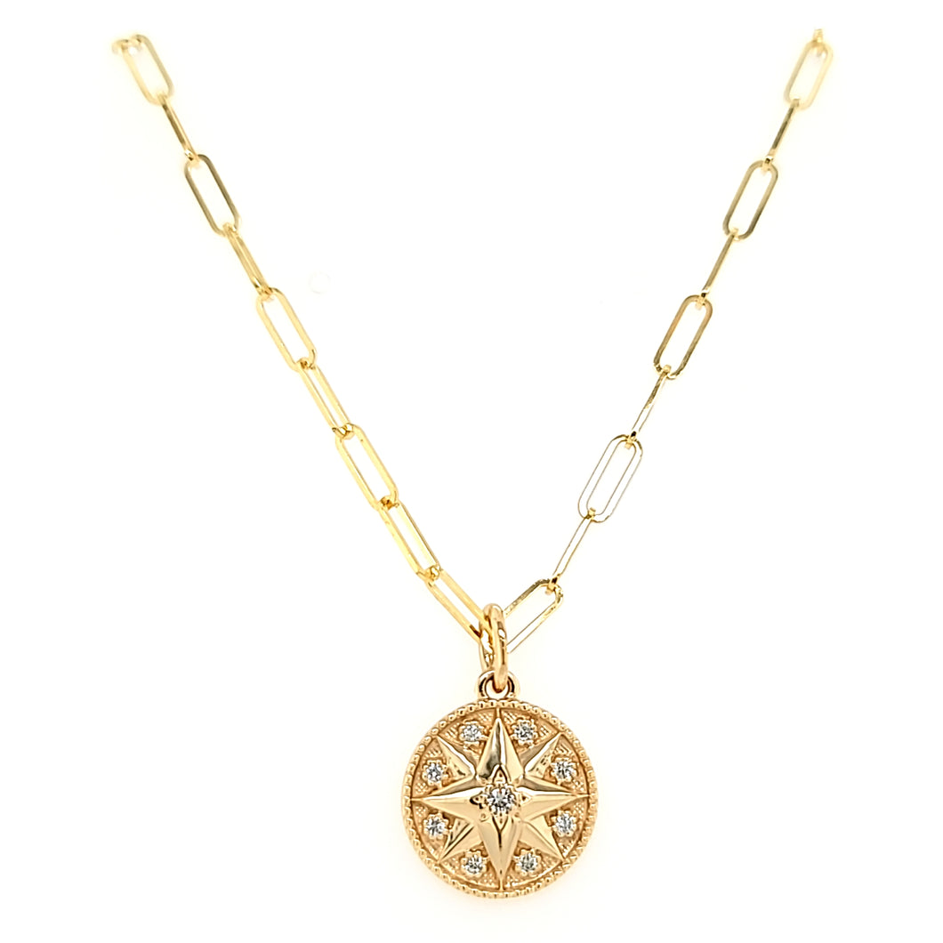Yellow Gold Diamond Compass Medallion Necklace (I7830)