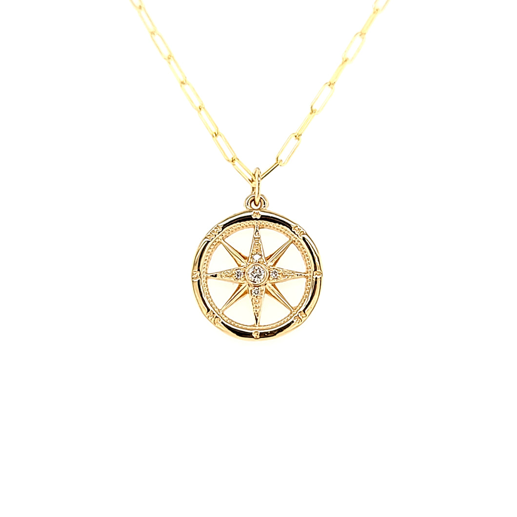 Yellow Gold Diamond Compass Negative Space Necklace (I7827)