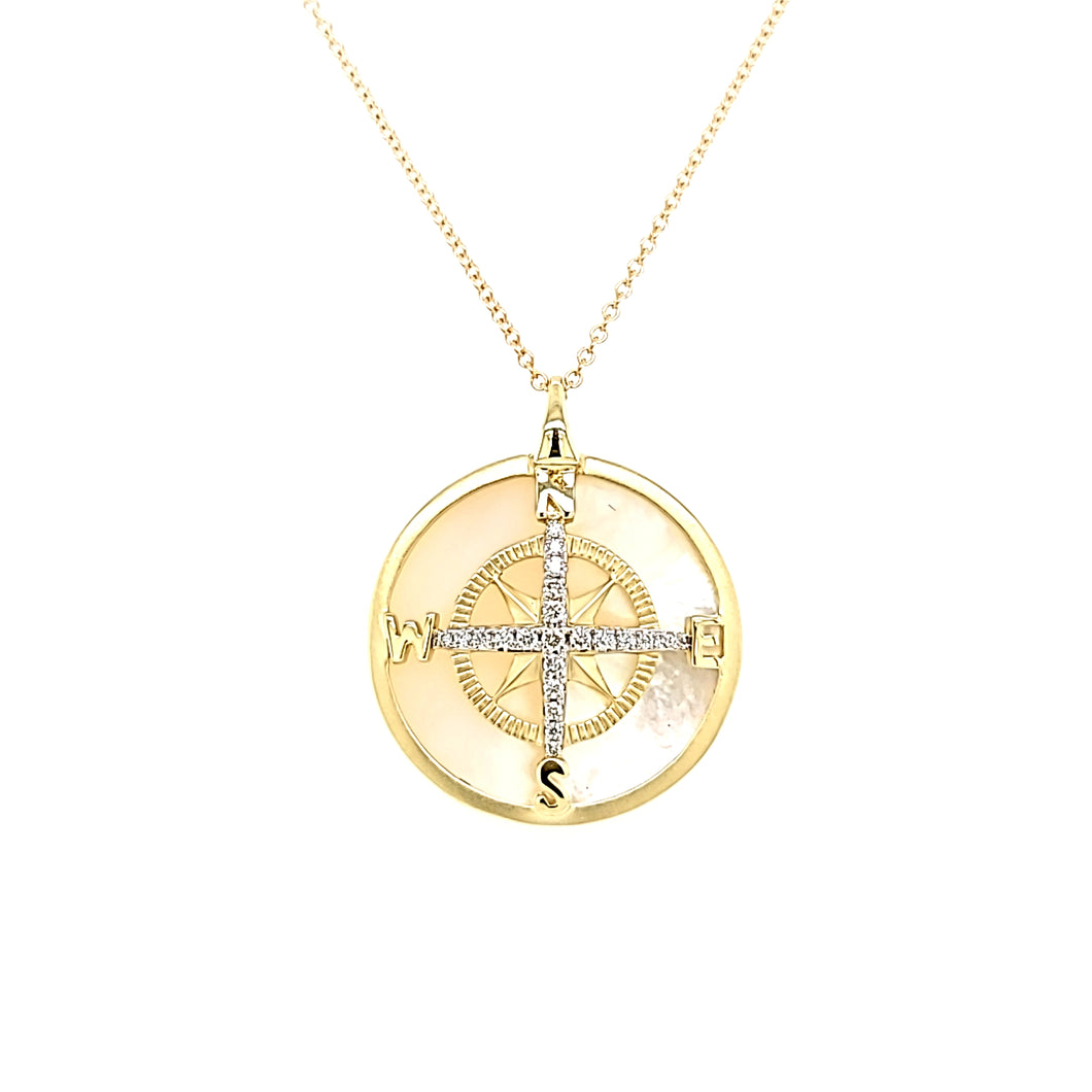 14k Yellow Gold Mother of Pearl Journey Compass Necklace (I7845)