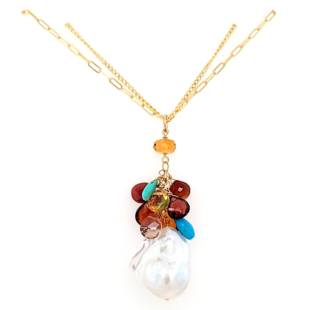 AVF Gold Pearl, Citrine, Garnet, Turquoise & Quartz Cluster Necklace (SI2785)