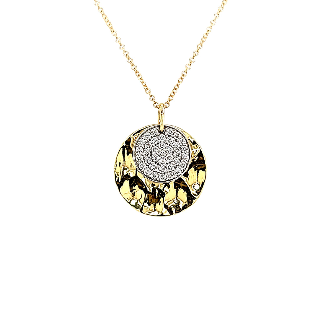 14k Yellow Gold & Diamond Hammered Disc Necklace (I7851)