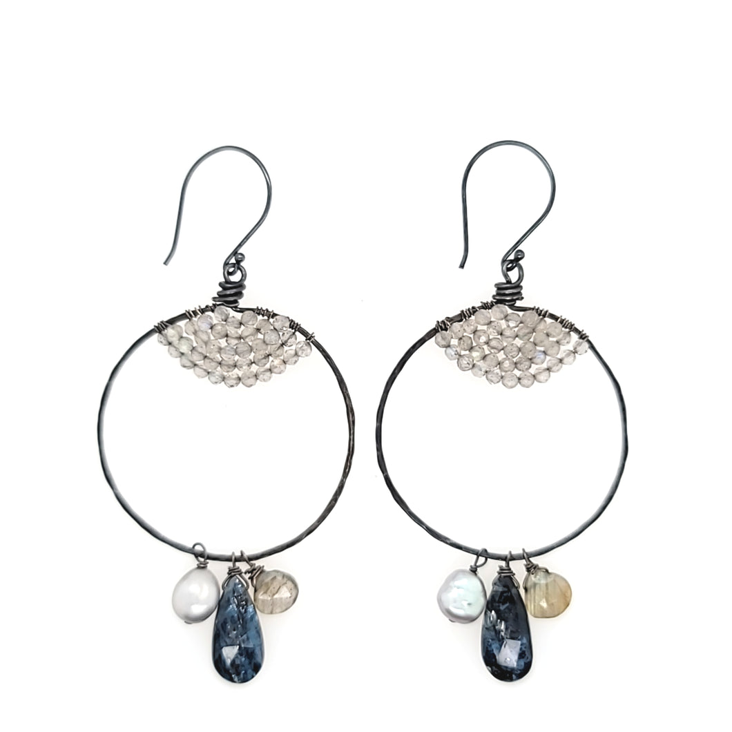 AVF Oxidized Blue Quartz, Pearl & Labradorite Drop Hoop Earrings (SI2963)