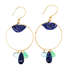 Load image into Gallery viewer, AVF Gold Lapis, Chrysoprase, Sky Blue Topaz Hammered Hoop Earrings (SI2884)

