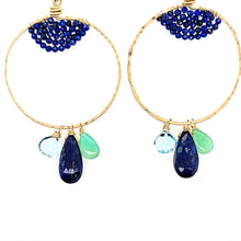 Load image into Gallery viewer, AVF Gold Lapis, Chrysoprase, Sky Blue Topaz Hammered Hoop Earrings (SI2884)
