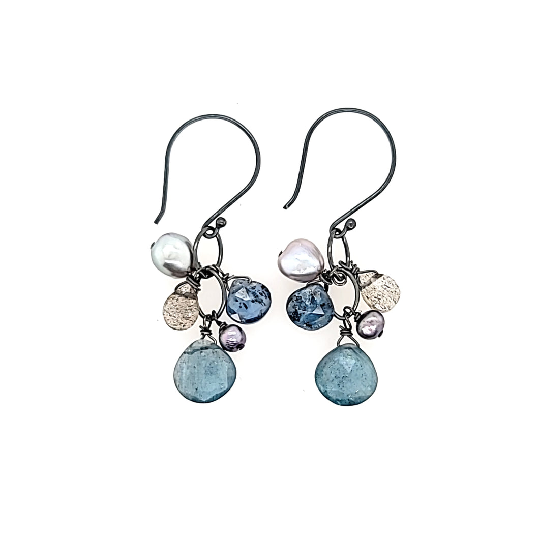 AVF Oxidized Moss Aqua, Pearl, Labradorite & Blue Topaz Cluster Earrings (SI1224)
