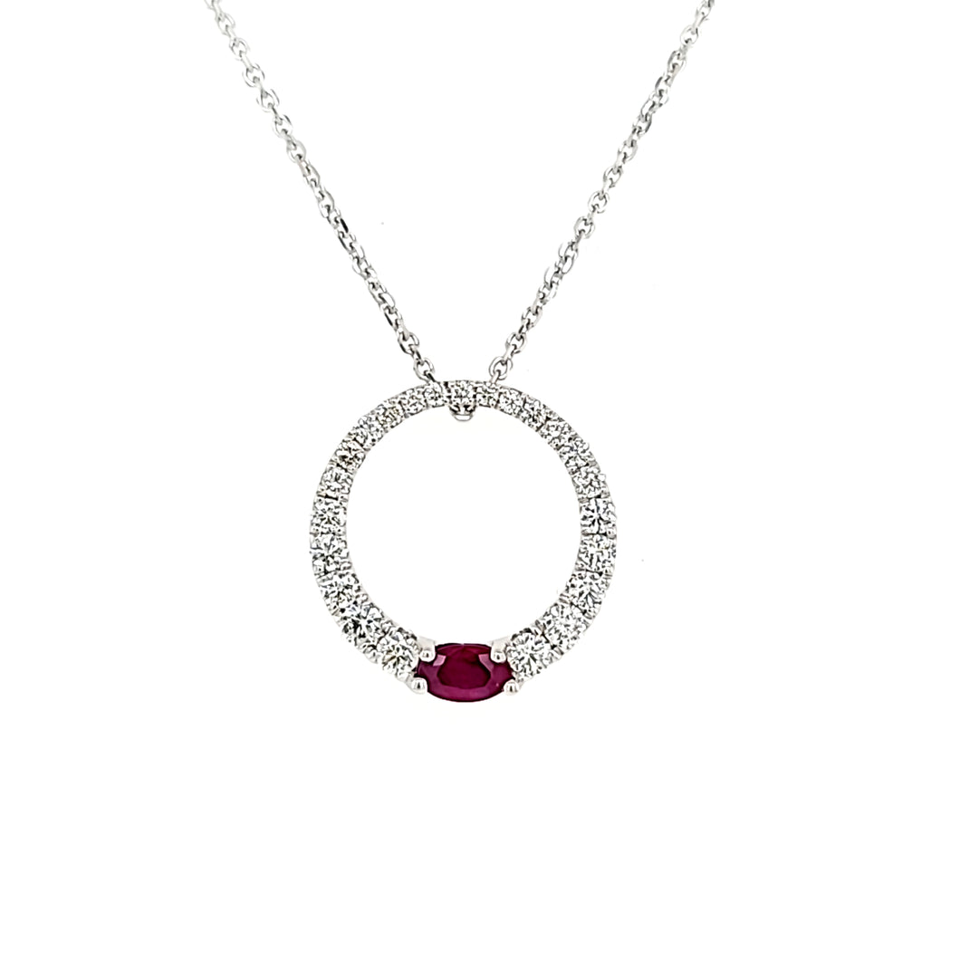 14k White Gold Pave Diamond & Ruby Circle Necklace (I8011)