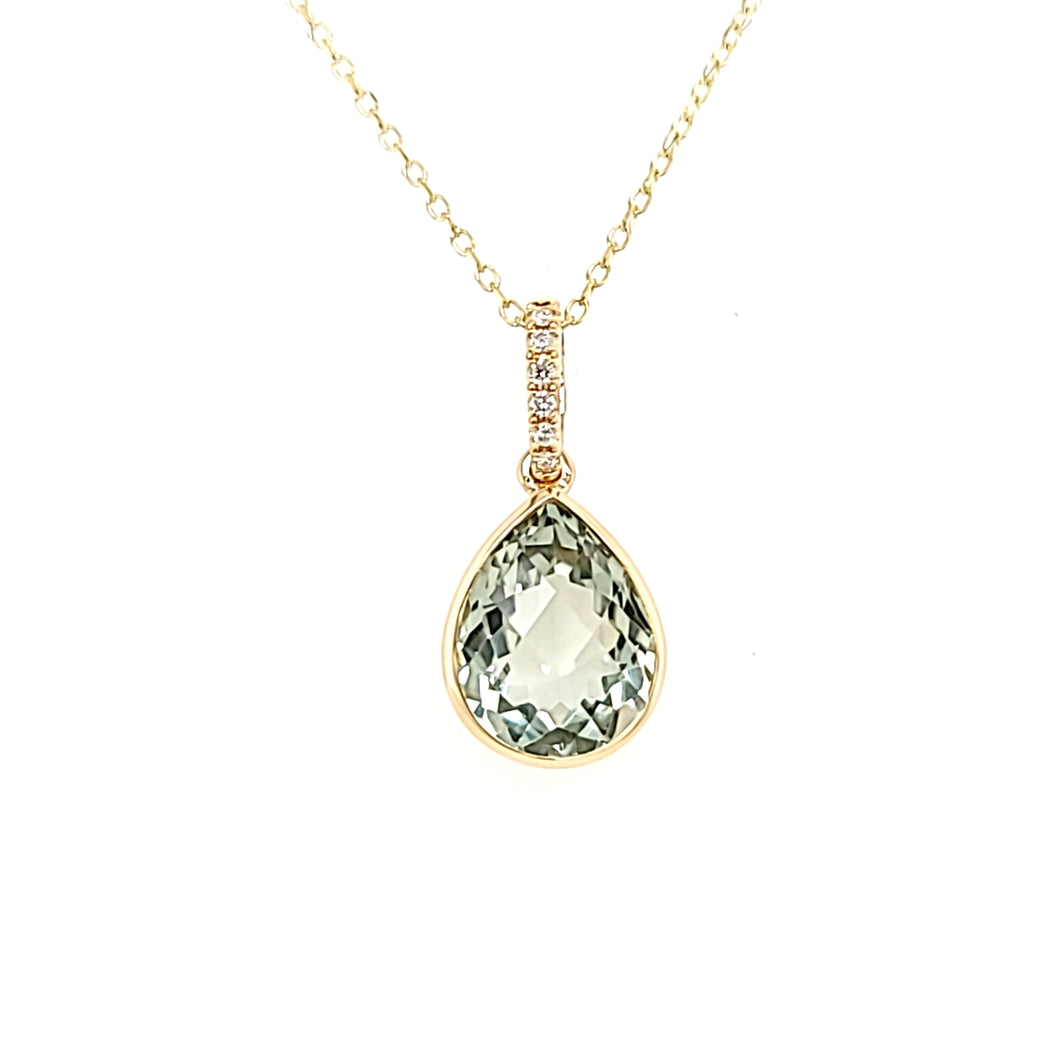 14k Yellow Gold Pear Shaped Green Amethyst Necklace (I8003)