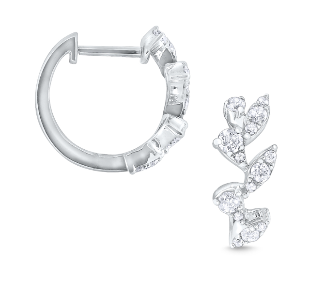 14k White Gold Diamond Leaf Huggie Earrings (I7965)
