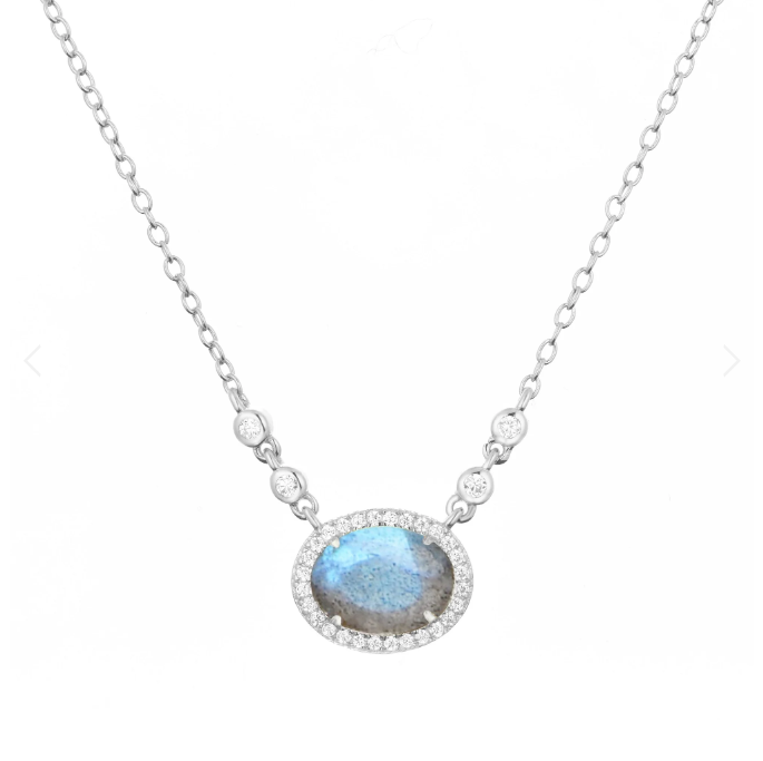 Kamaria Silver Oval Gemstone Halo Necklaces