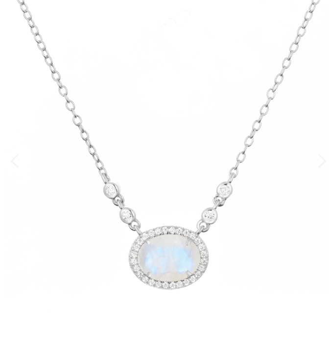 CLEARANCE - Kamaria Silver Oval Gemstone Halo Necklaces