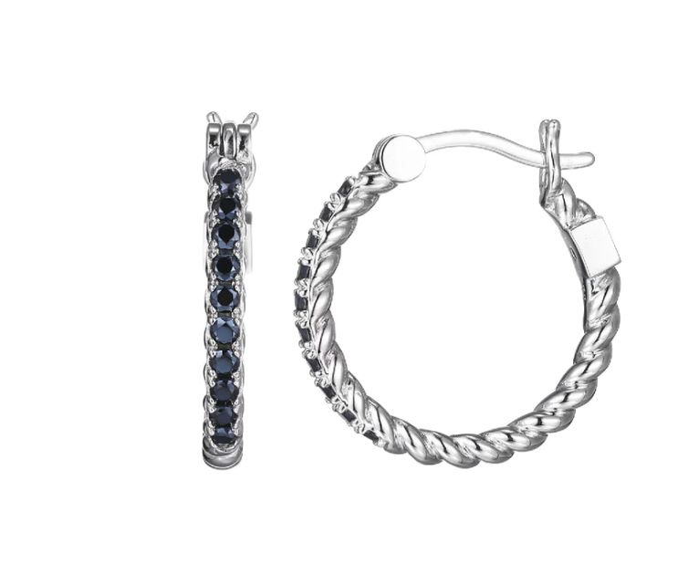 ELLE Silver Black Spinel Rope Hoop Earrings